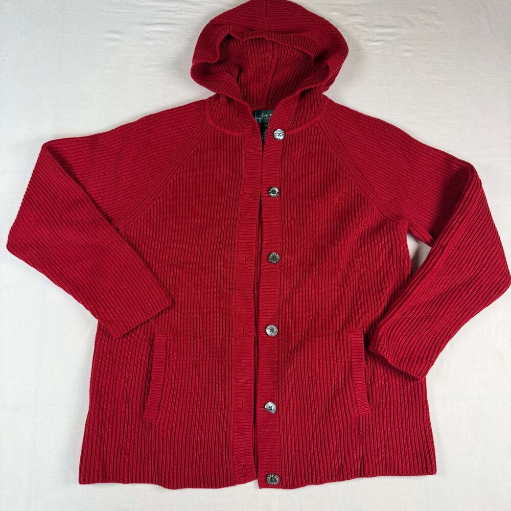 Lauren Ralph Lauren Large Red Chunky Rib Cotton Hooded Cardigan Sweater Preppy (